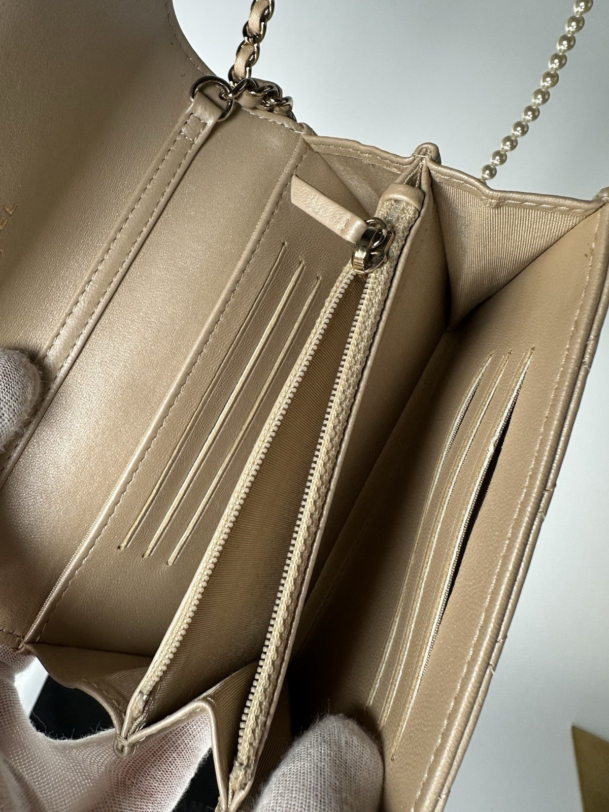 Chanel Lambskin Quilted Pearl Clutch With Chain Bag