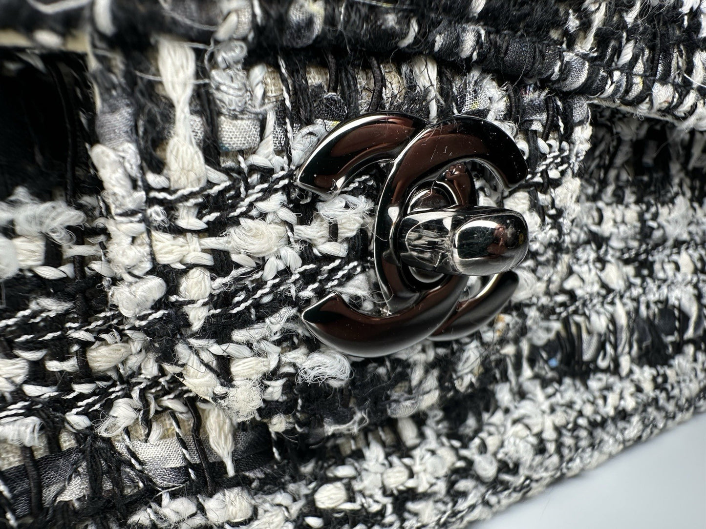 Chanel Medium Classic Double Flap Crossbody Shoulder Bag Tweed Black White