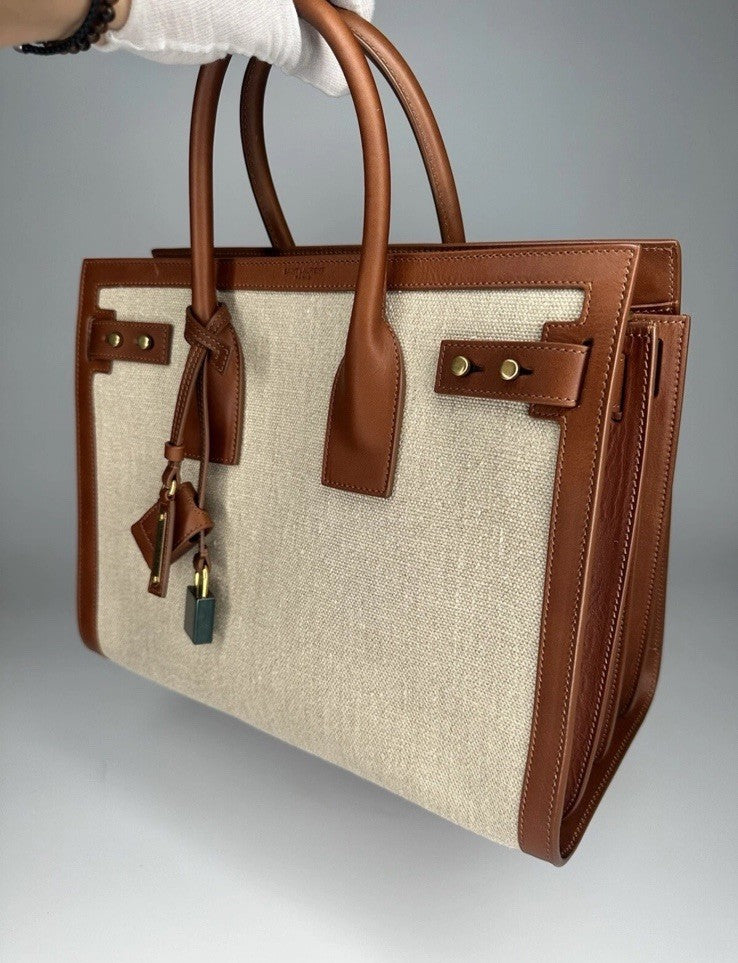 Saint Laurent Sac De Jour Leather Calfskin & Linen Cognac RRP €2990