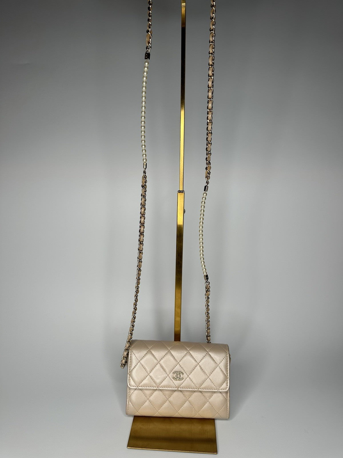 Chanel Lambskin Quilted Pearl Clutch With Chain Bag