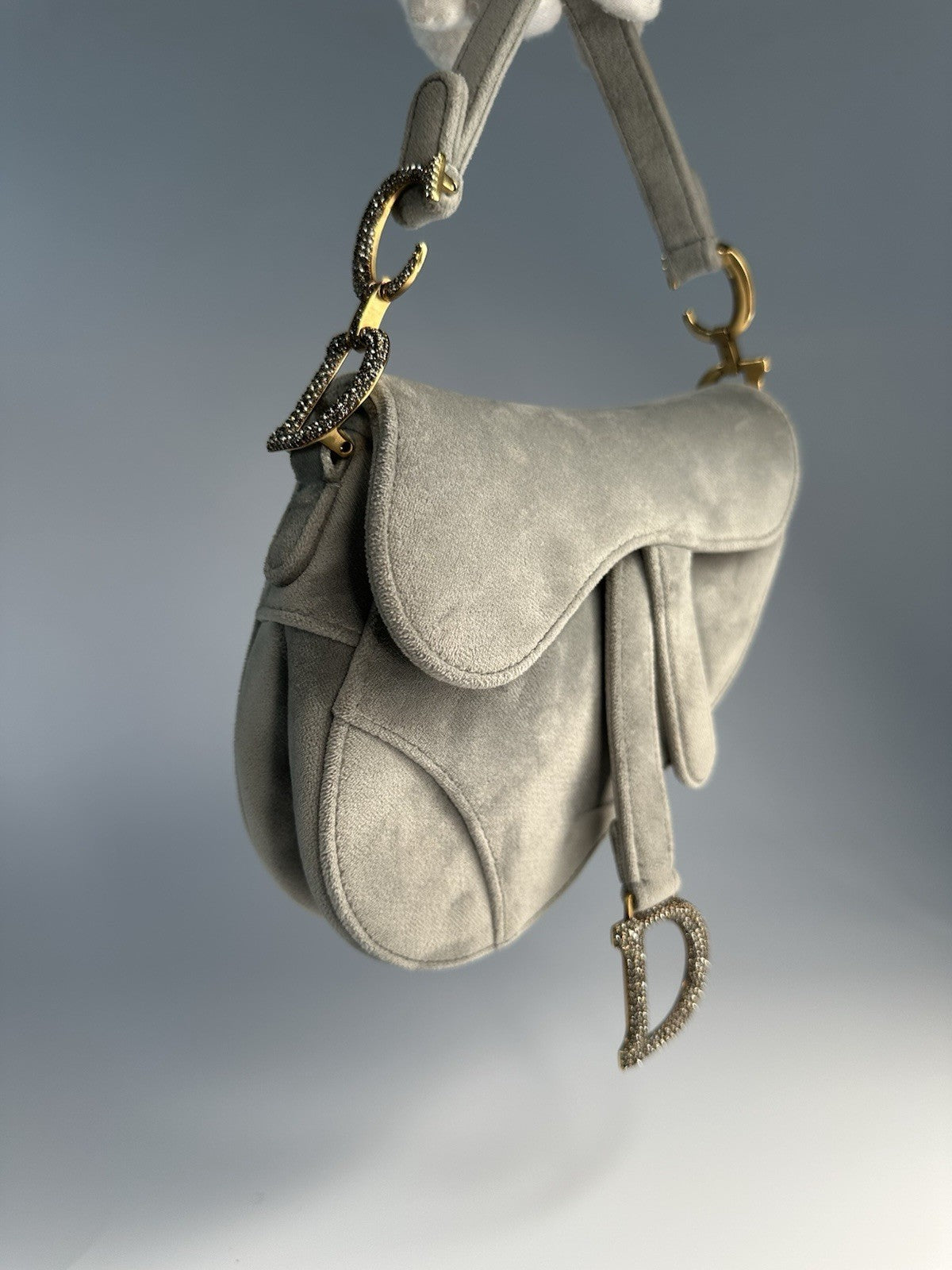 Christian Dior Saddle Shoulder Bag Mini Grey Velvet Crystal Embellished