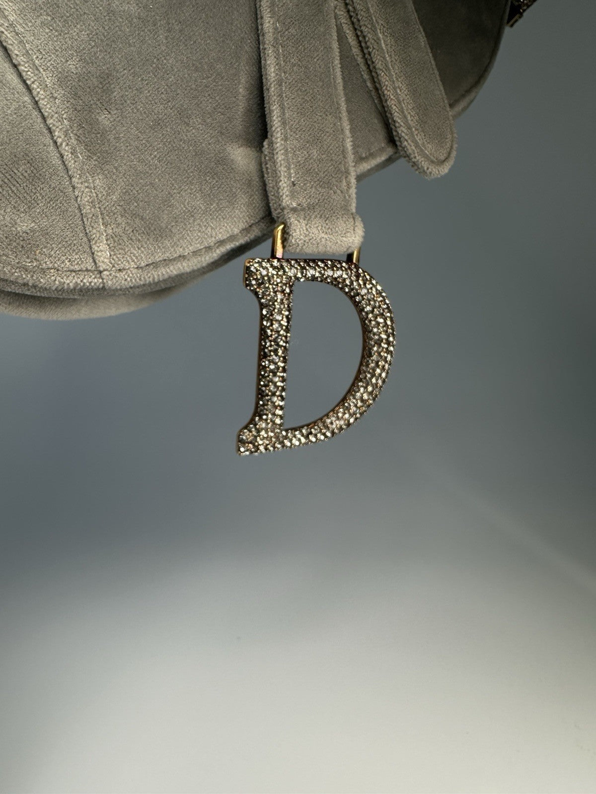 Christian Dior Saddle Shoulder Bag Mini Grey Velvet Crystal Embellished