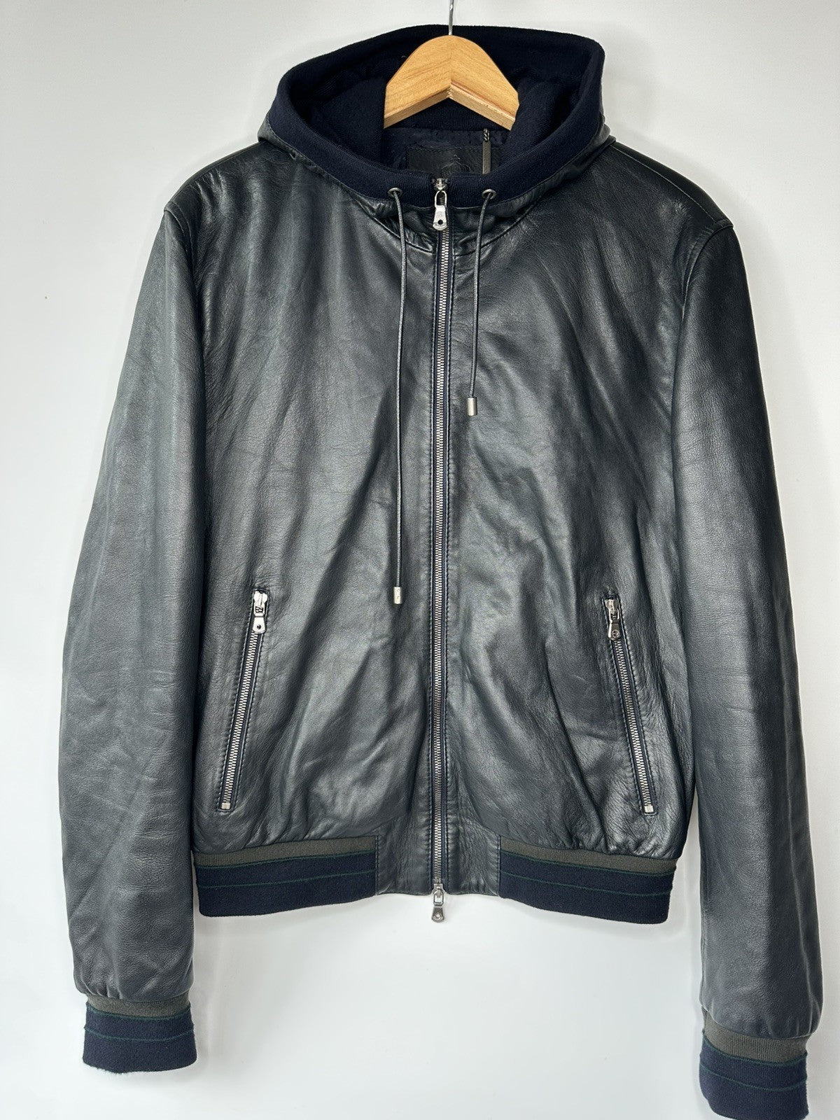 Dolce & Gabbana Dark Navy Lambskin Leather  Hooded Jacket Size 52 XL Mens
