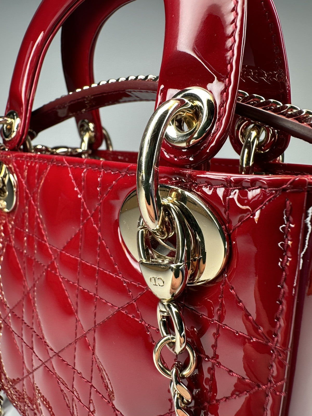 Lady Dior Mini Patent Leather Bag  Cherry Red - With Detachable Chain