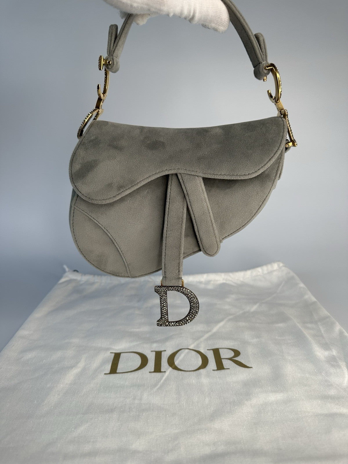 Christian Dior Saddle Shoulder Bag Mini Grey Velvet Crystal Embellished