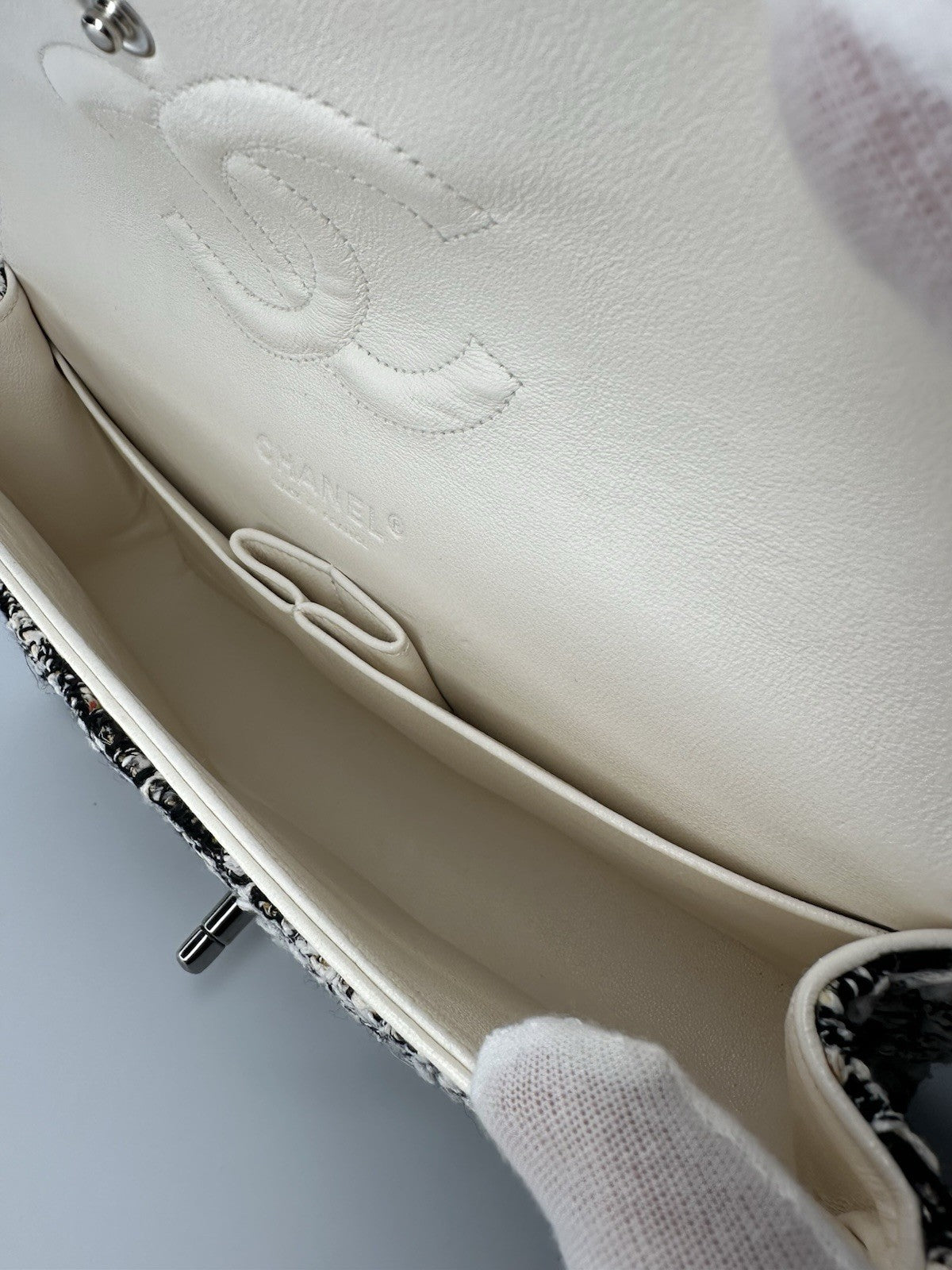 Chanel Medium Classic Double Flap Crossbody Shoulder Bag Tweed Black White