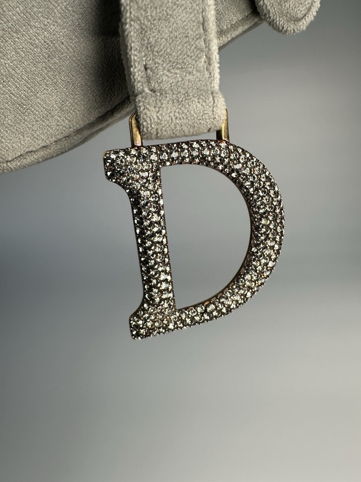 Christian Dior Saddle Shoulder Bag Mini Grey Velvet Crystal Embellished