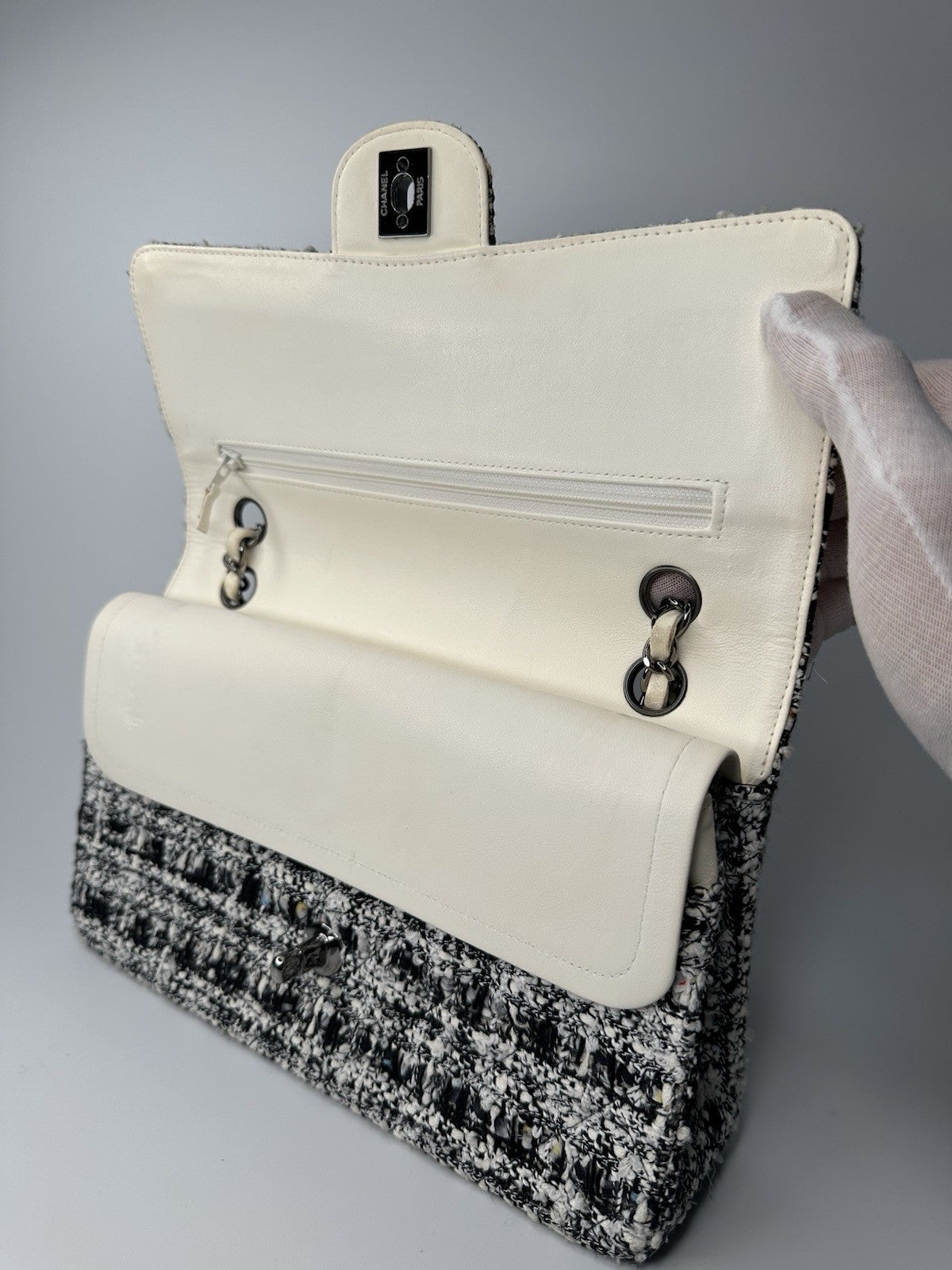 Chanel Medium Classic Double Flap Crossbody Shoulder Bag Tweed Black White