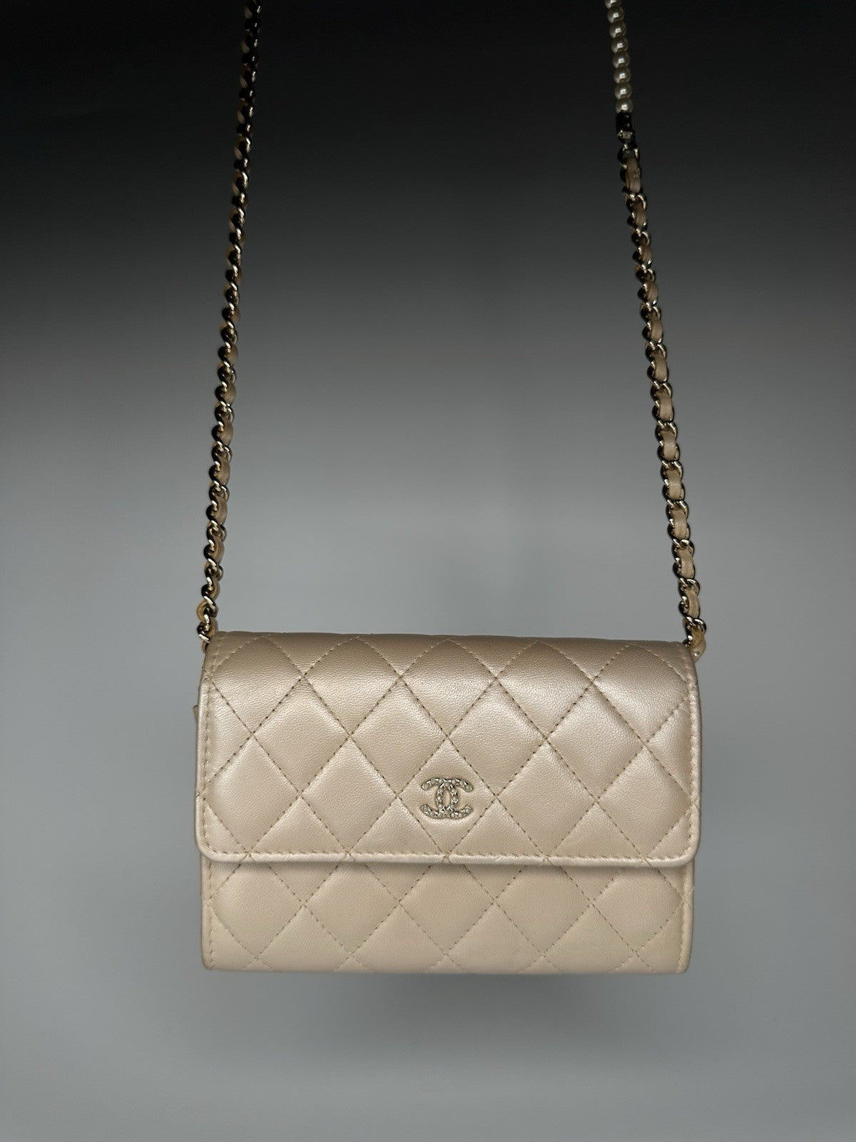 Chanel Lambskin Quilted Pearl Clutch With Chain Bag