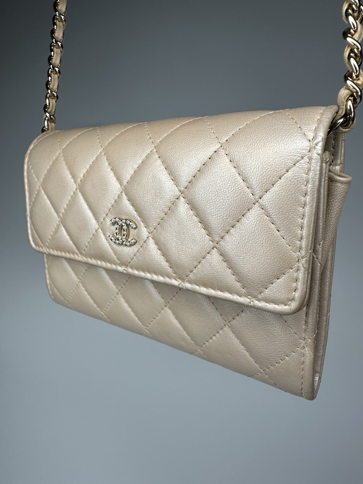 Chanel Lambskin Quilted Pearl Clutch With Chain Bag