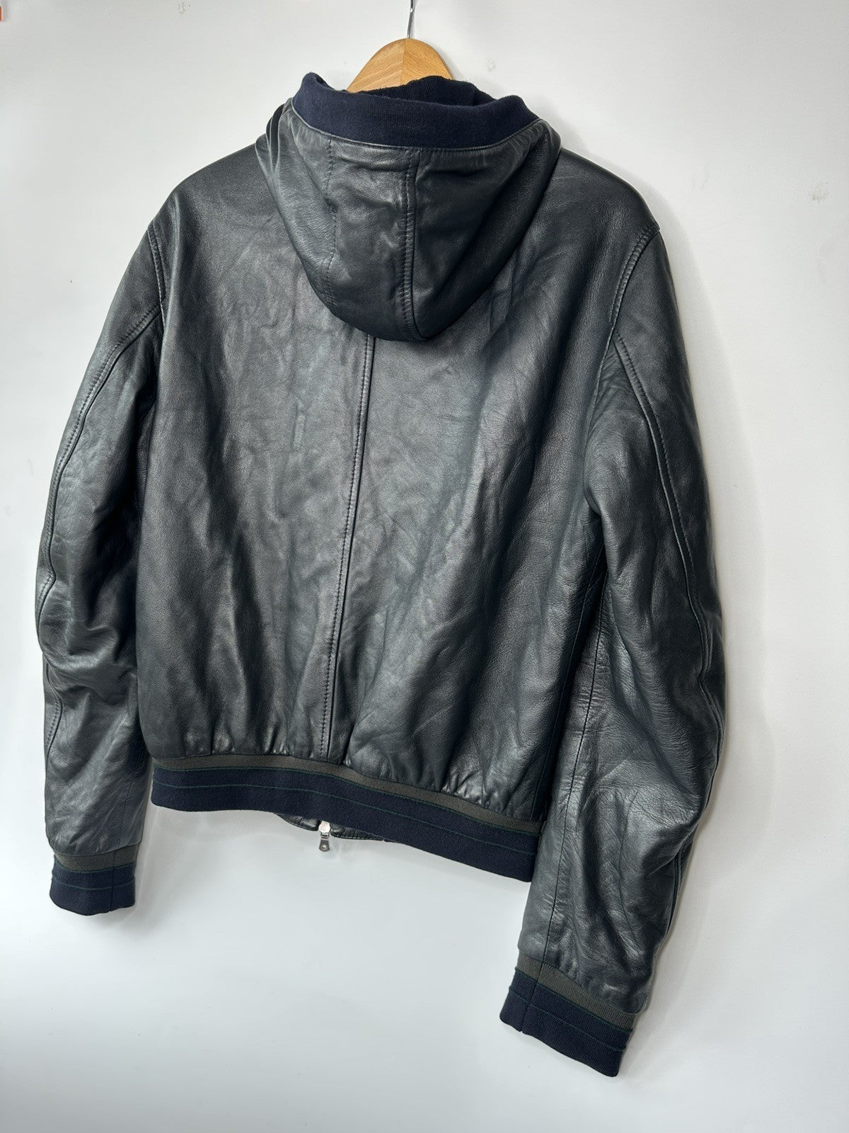 Dolce & Gabbana Dark Navy Lambskin Leather  Hooded Jacket Size 52 XL Mens