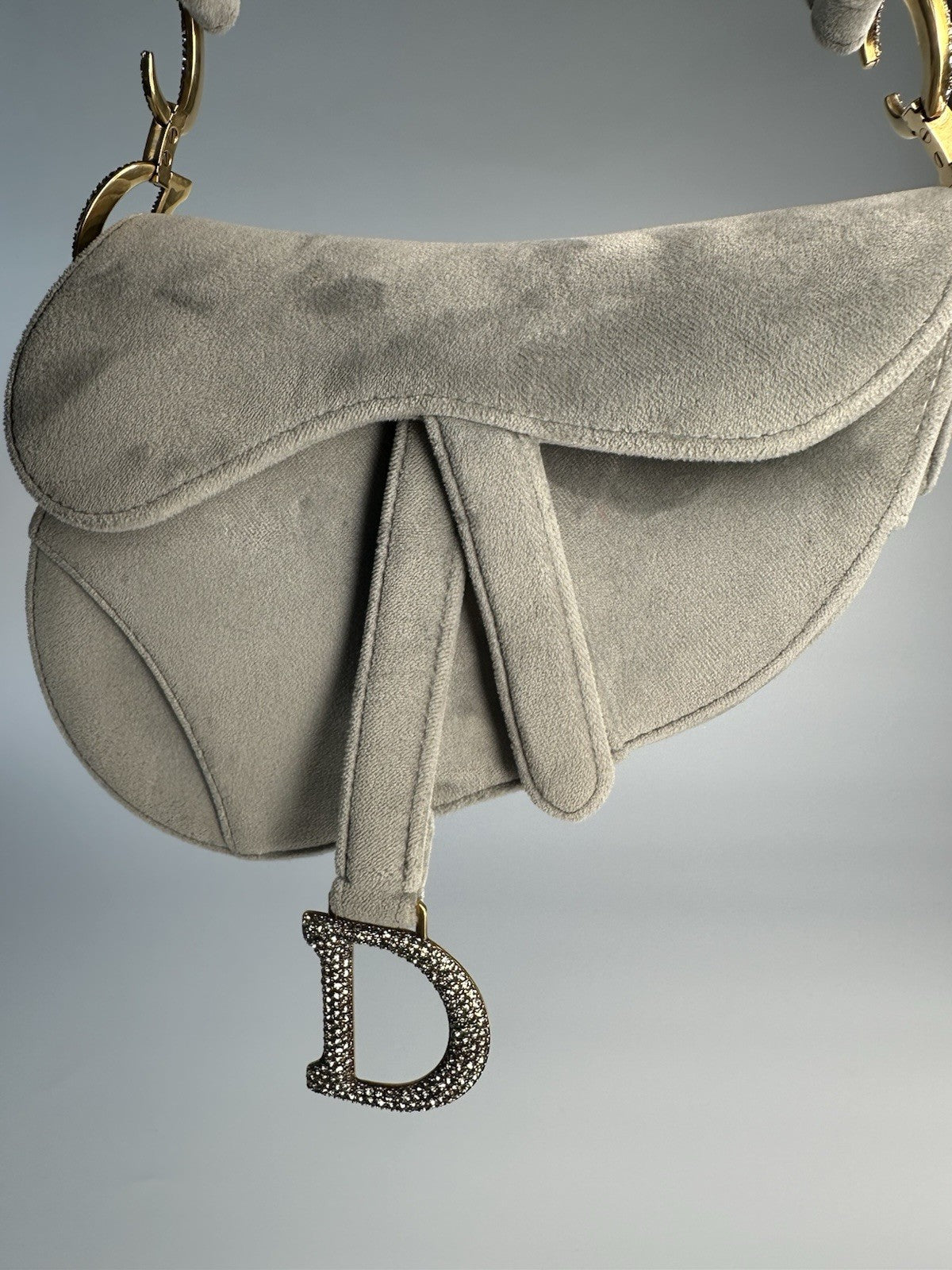 Christian Dior Saddle Shoulder Bag Mini Grey Velvet Crystal Embellished