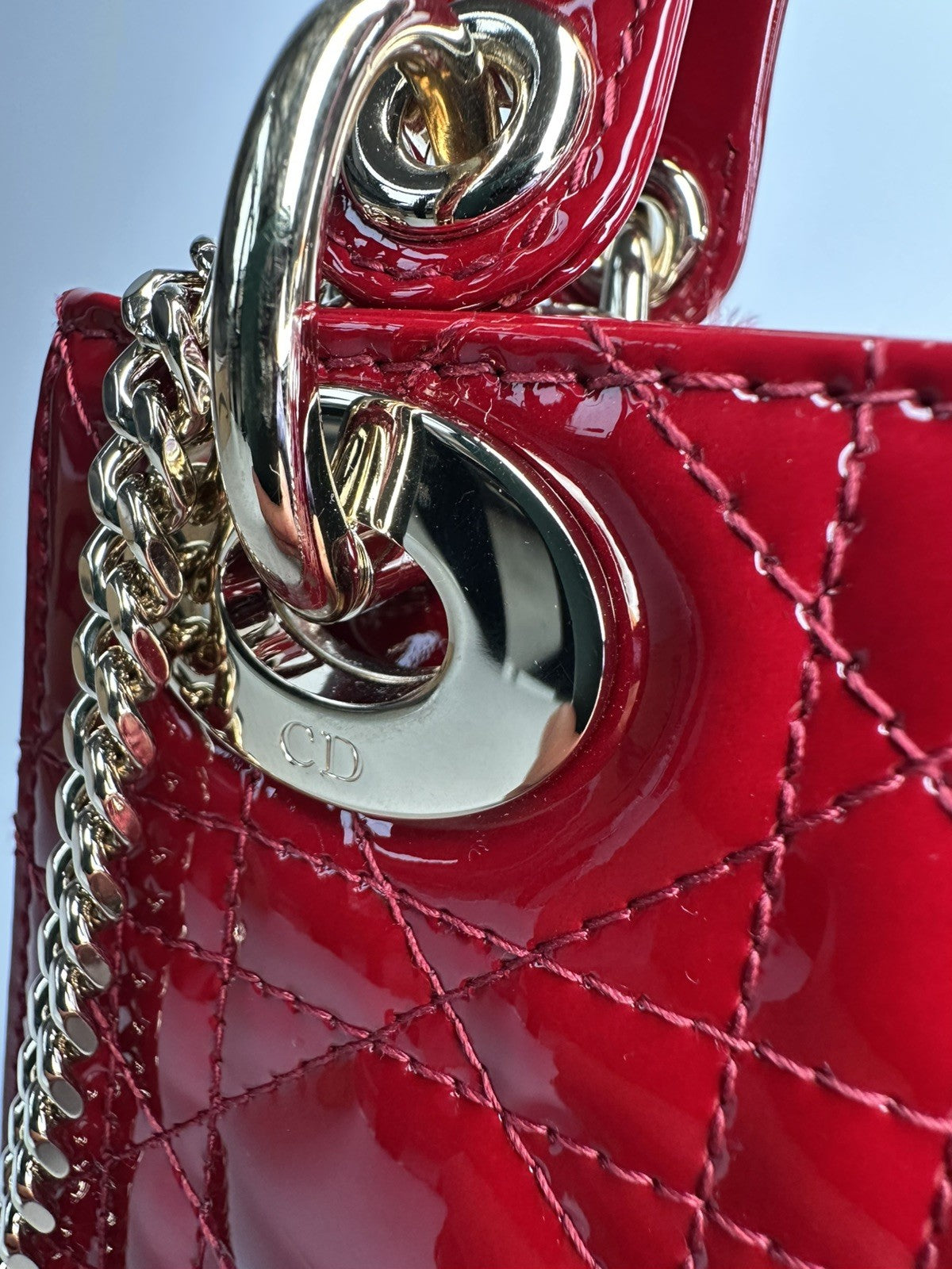 Lady Dior Mini Patent Leather Bag  Cherry Red - With Detachable Chain