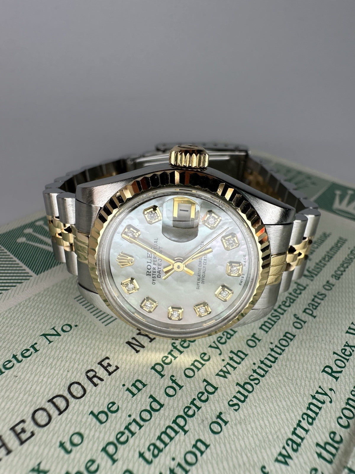 Ladies Steel & Gold Rolex Datejust White Mother Of Pearl Diamond Dial + Papers