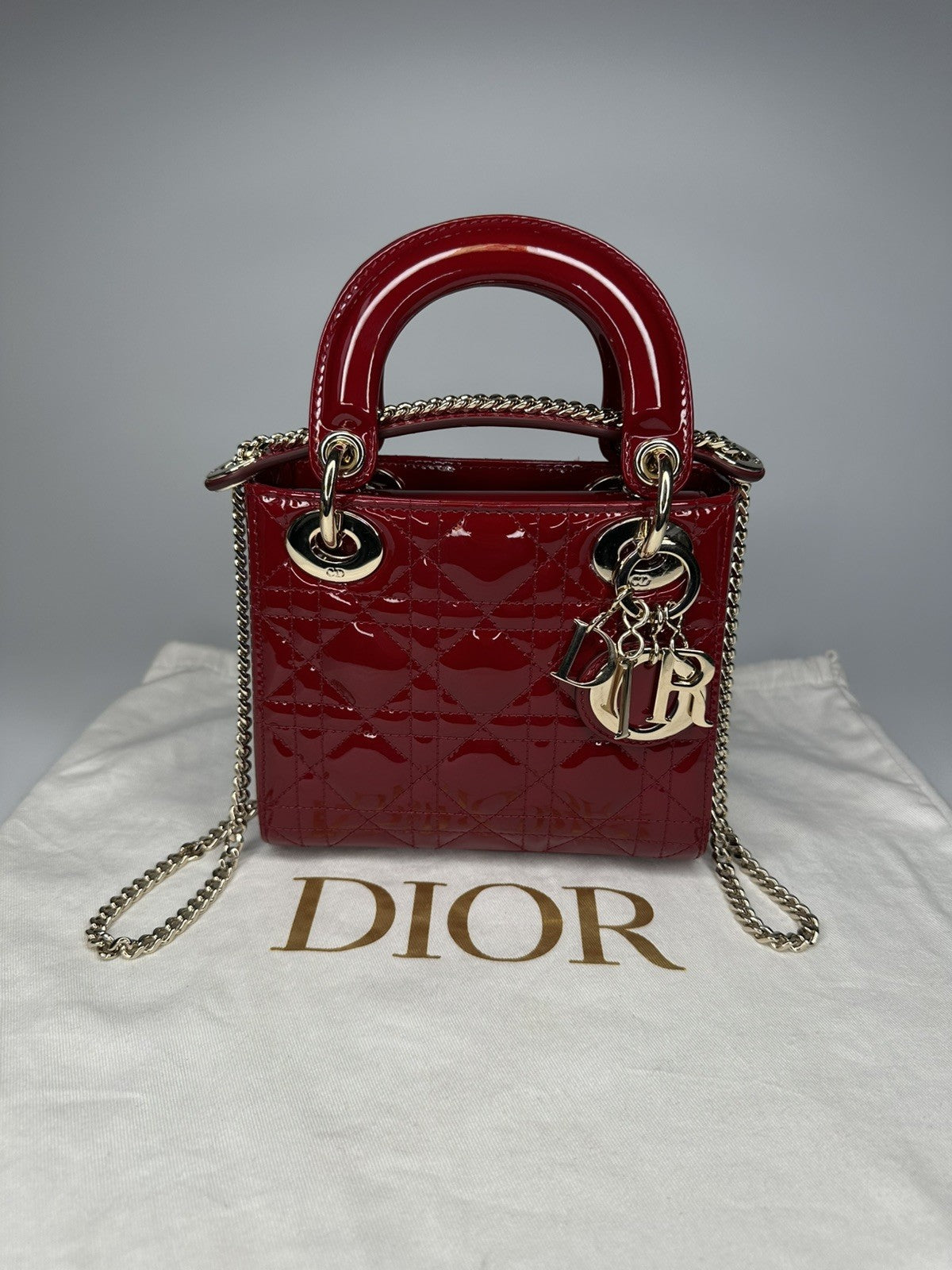 Lady Dior Mini Patent Leather Bag  Cherry Red - With Detachable Chain