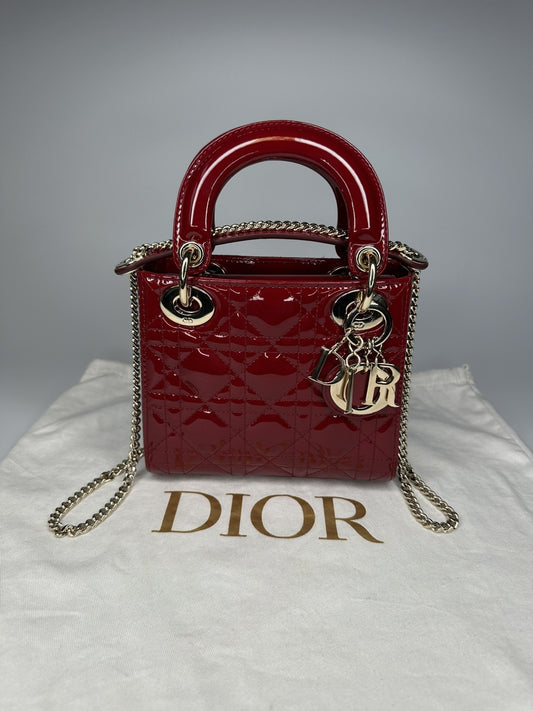 Christian Dior Lady Dior Mini Patent Leather Bag  Cherry Red - With Detachable Chain