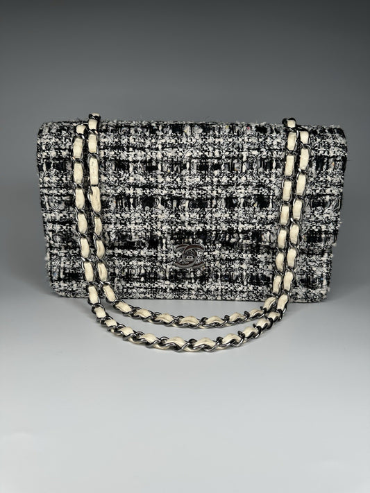 Chanel Medium Classic Double Flap Crossbody Shoulder Bag Tweed Black White