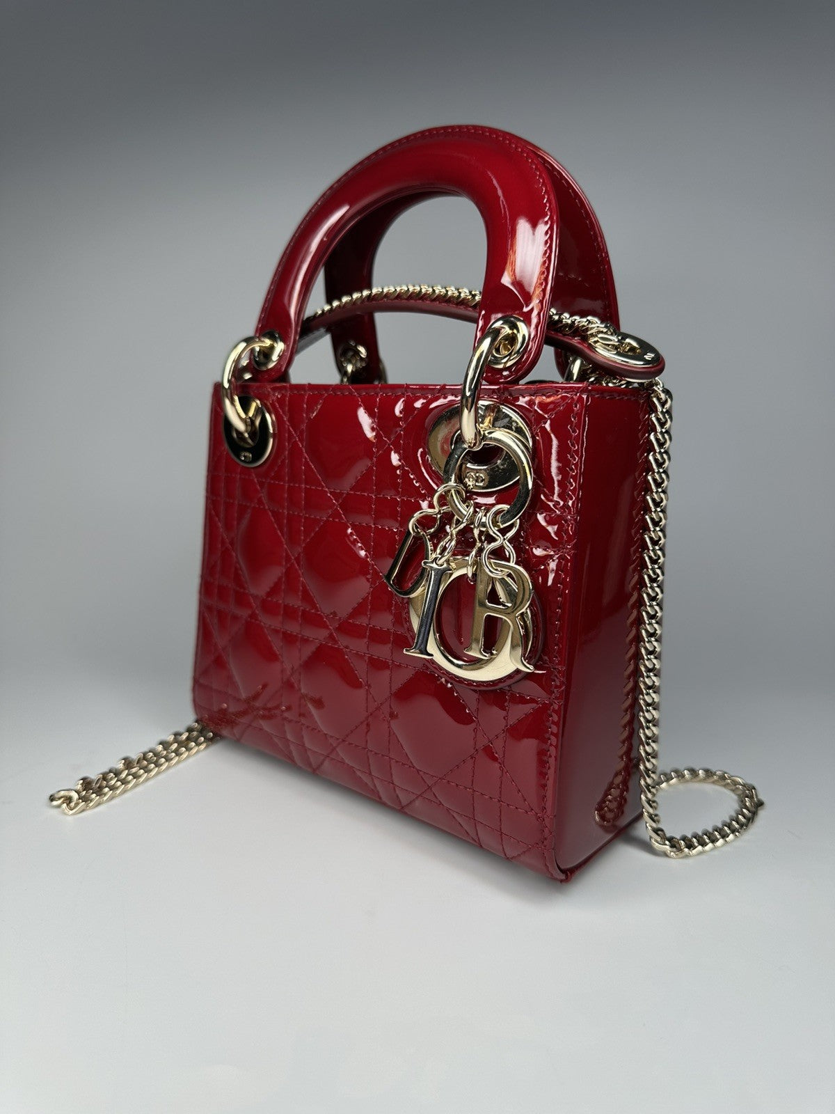 Lady Dior Mini Patent Leather Bag  Cherry Red - With Detachable Chain