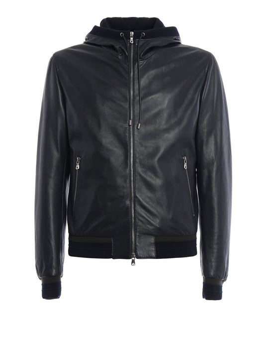 Dolce & Gabbana Dark Navy Lambskin Leather  Hooded Jacket Size 52 XL Mens