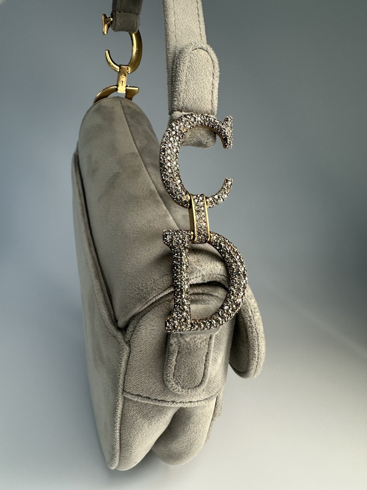Christian Dior Saddle Shoulder Bag Mini Grey Velvet Crystal Embellished