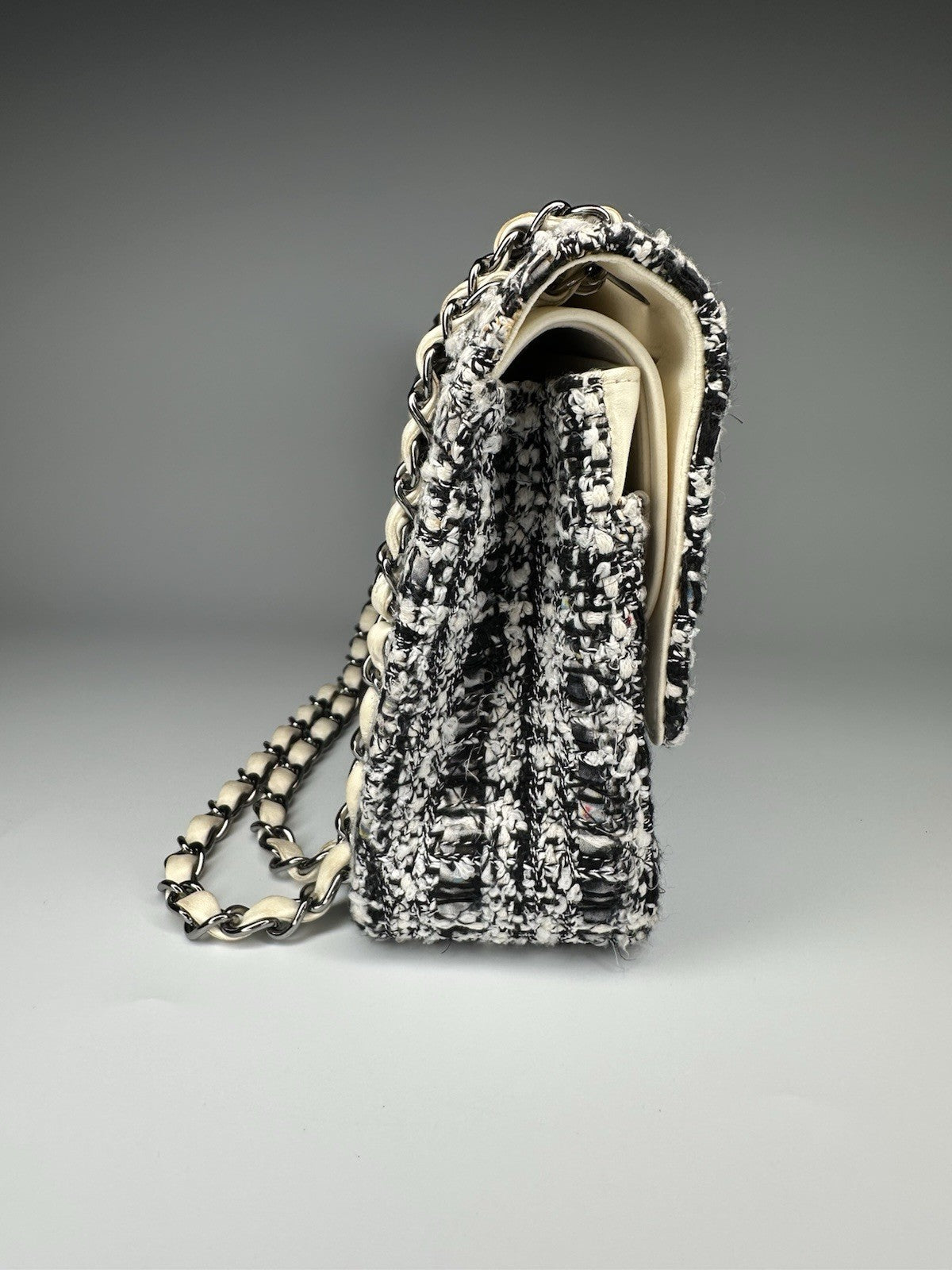 Chanel Medium Classic Double Flap Crossbody Shoulder Bag Tweed Black White