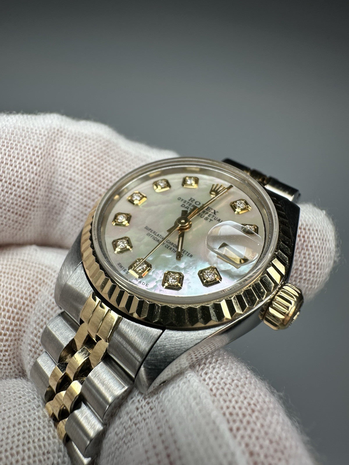 Ladies Steel & Gold Rolex Datejust White Mother Of Pearl Diamond Dial + Papers