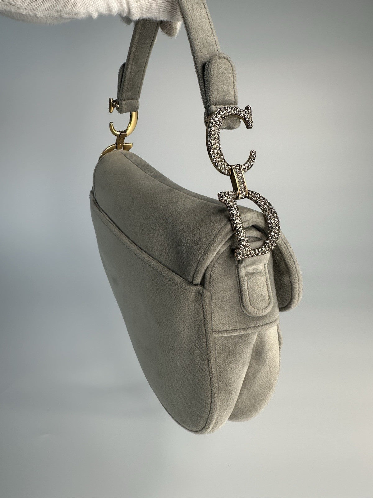 Christian Dior Saddle Shoulder Bag Mini Grey Velvet Crystal Embellished