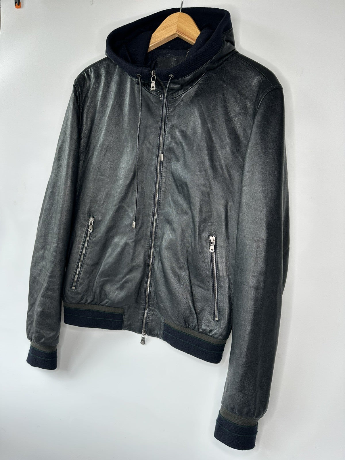 Dolce & Gabbana Dark Navy Lambskin Leather  Hooded Jacket Size 52 XL Mens