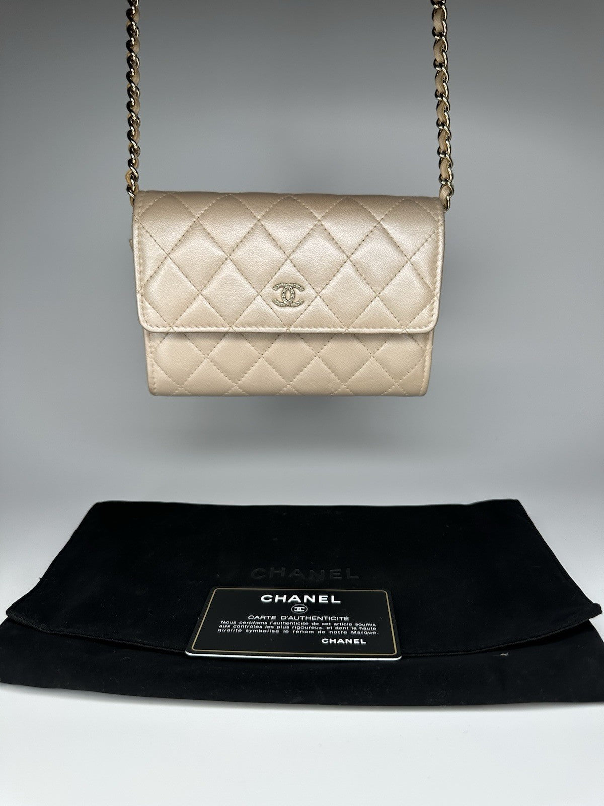 Chanel Lambskin Quilted Pearl Clutch With Chain Bag