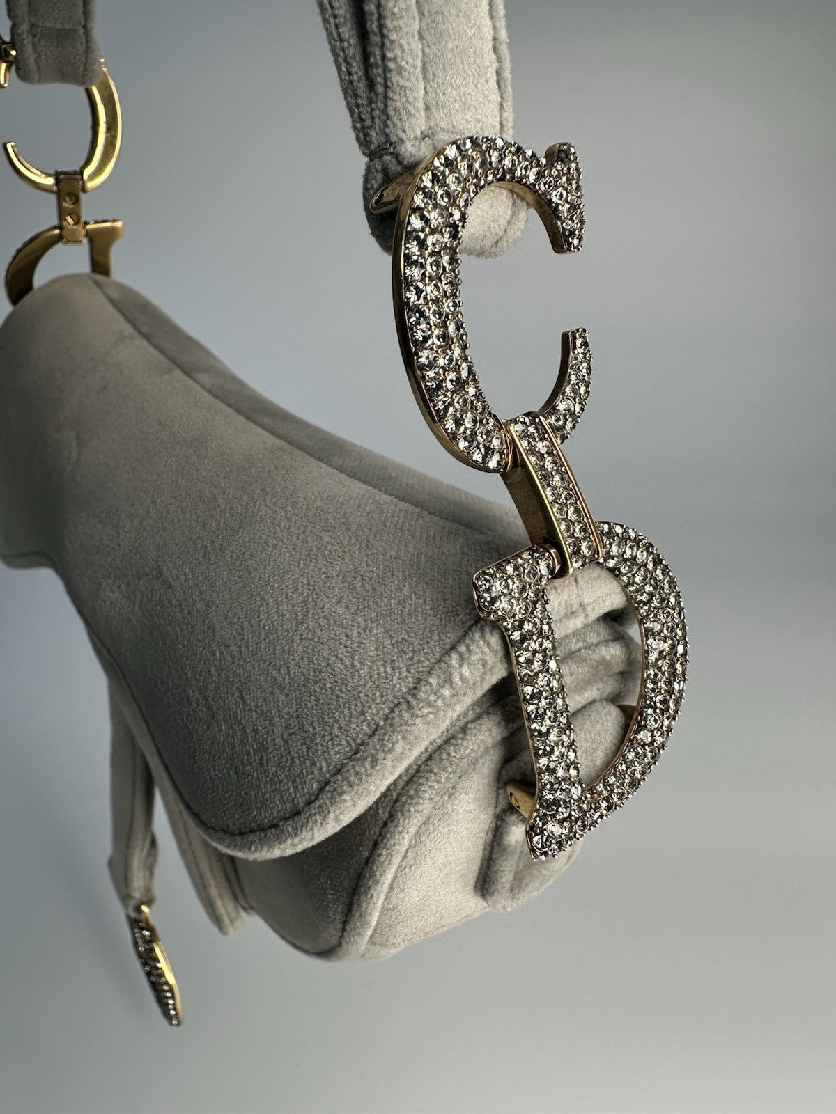 Christian Dior Saddle Shoulder Bag Mini Grey Velvet Crystal Embellished