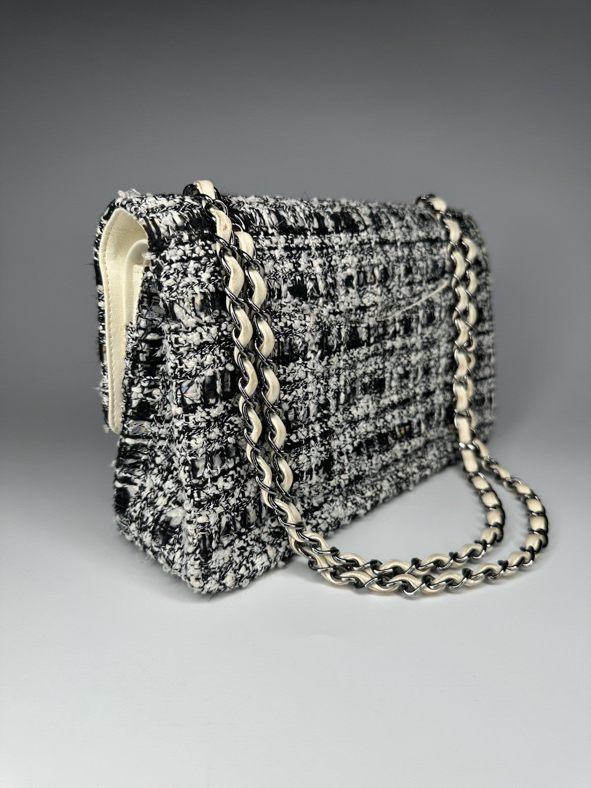 Chanel Medium Classic Double Flap Crossbody Shoulder Bag Tweed Black White