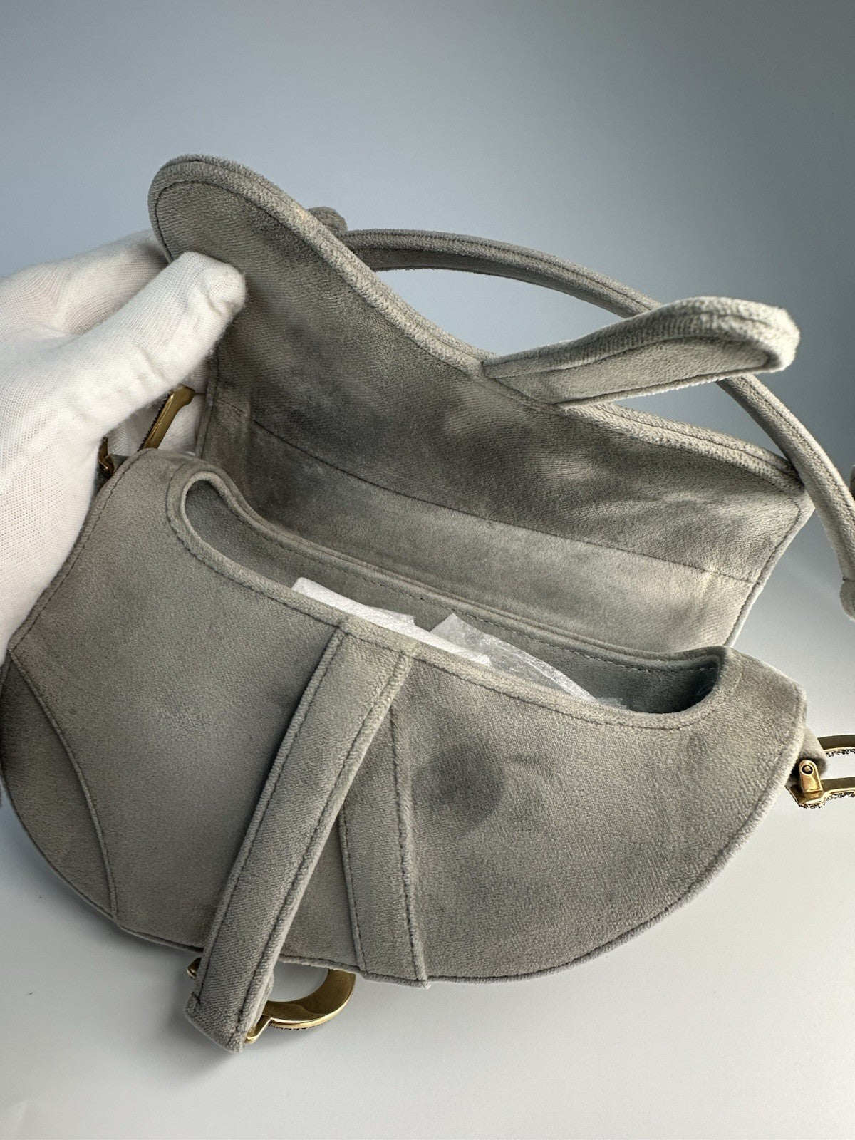 Christian Dior Saddle Shoulder Bag Mini Grey Velvet Crystal Embellished
