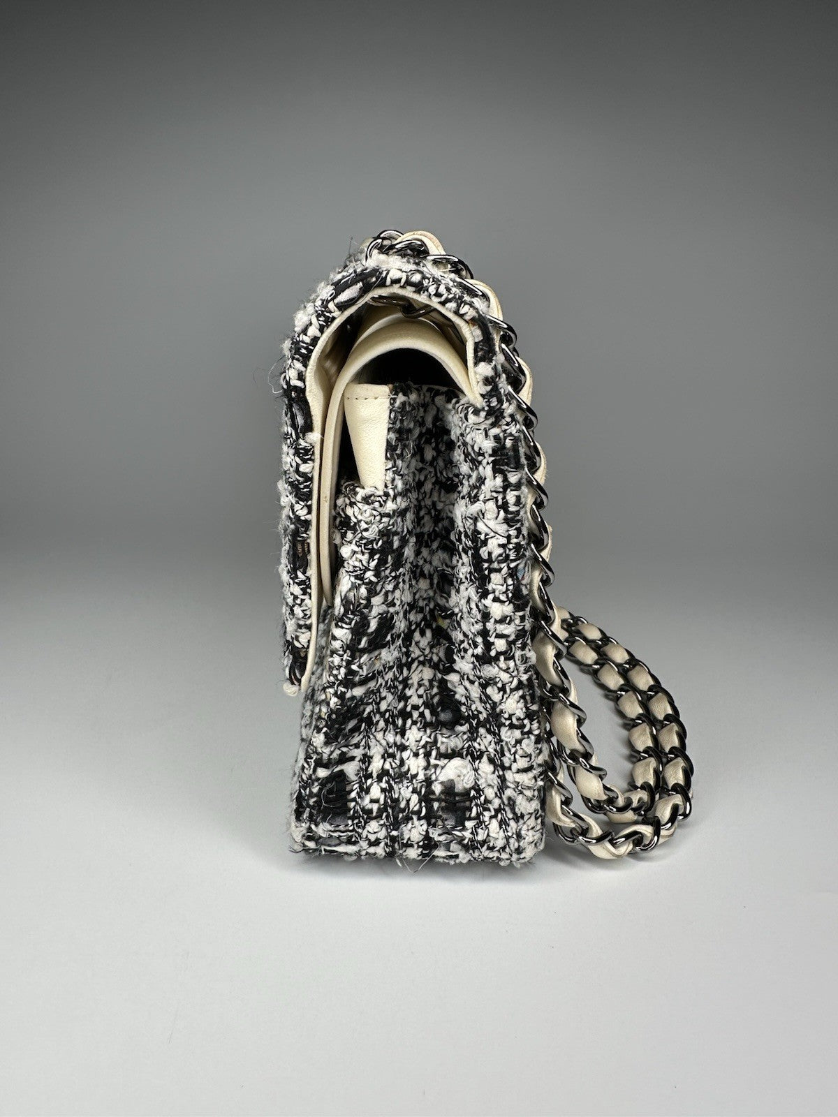 Chanel Medium Classic Double Flap Crossbody Shoulder Bag Tweed Black White