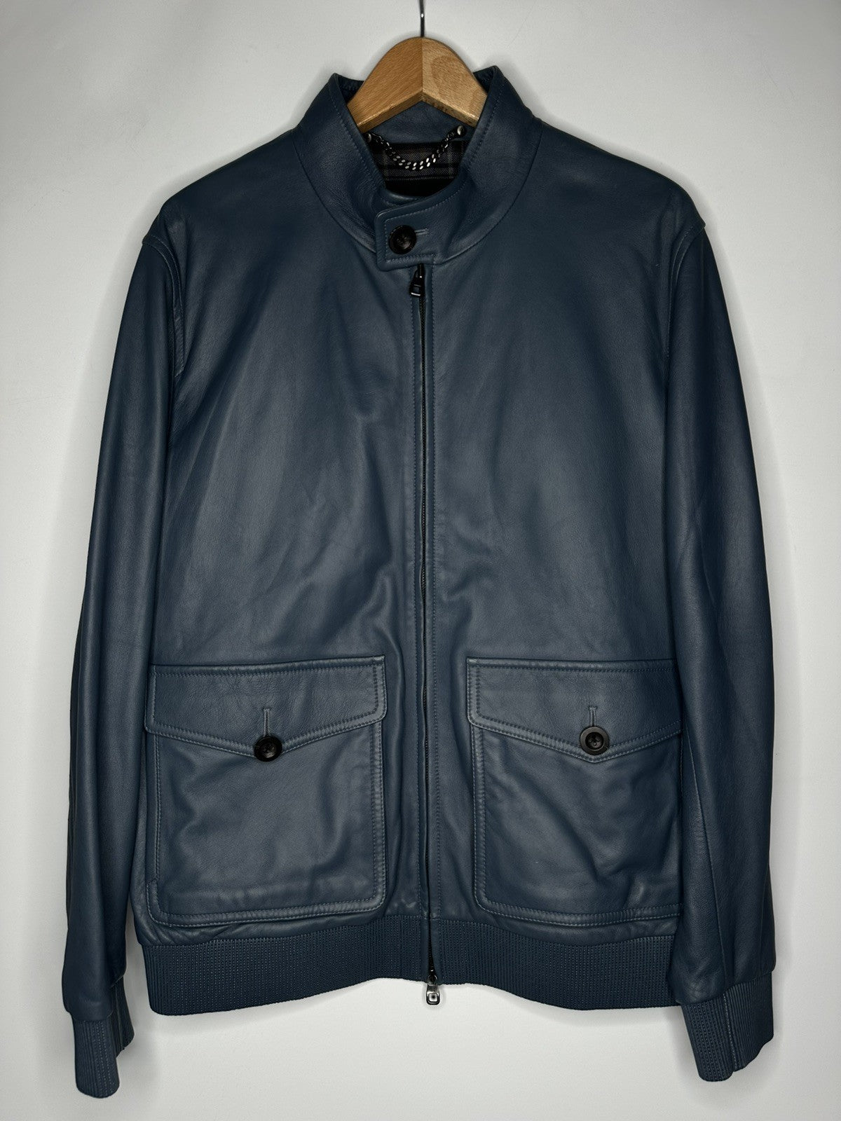 Dunhill Men's Leather Lambskin Harrington Jacket Size XL Petrol Blue