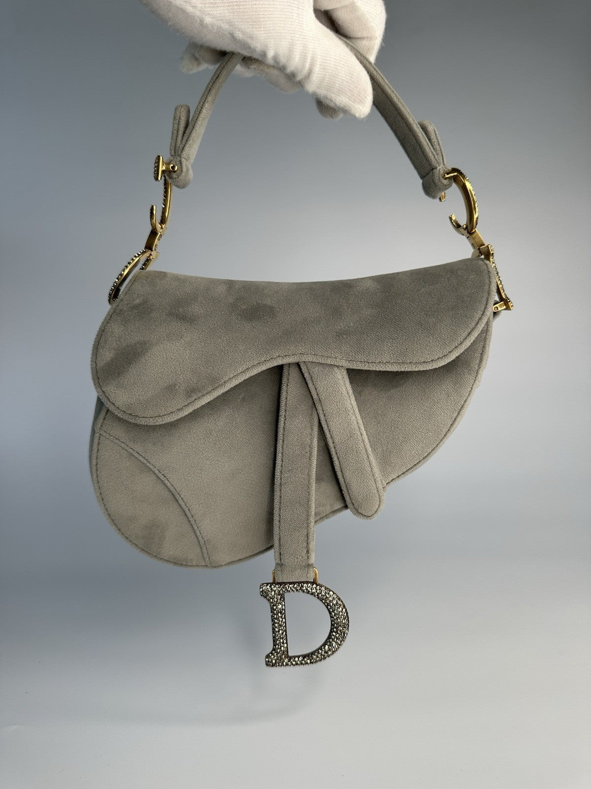 Christian Dior Saddle Shoulder Bag Mini Grey Velvet Crystal Embellished