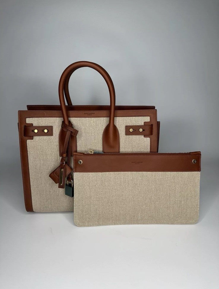 Saint Laurent Sac De Jour Leather Calfskin & Linen Cognac RRP €2990