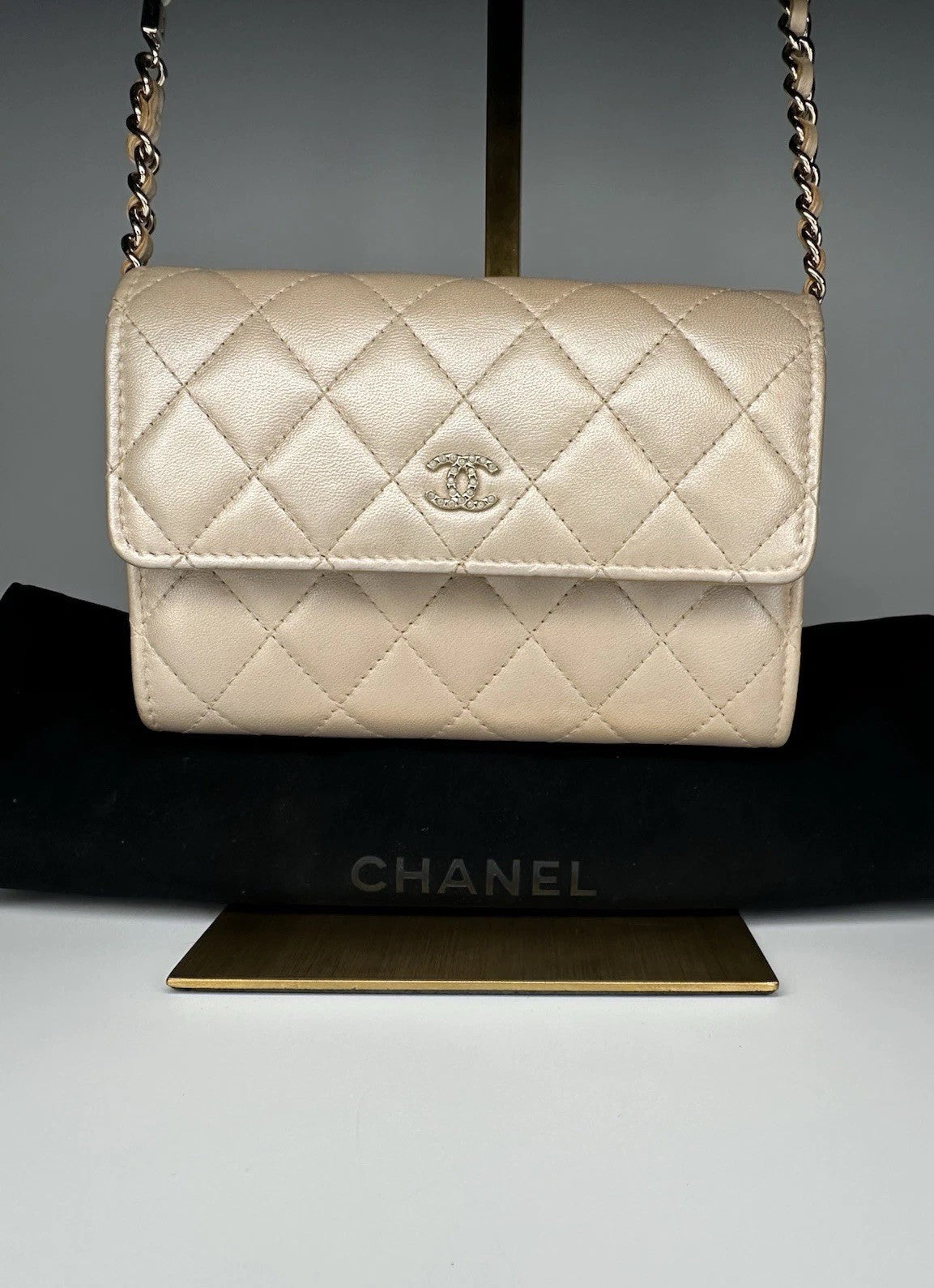 Chanel Lambskin Quilted Pearl Clutch With Chain Bag