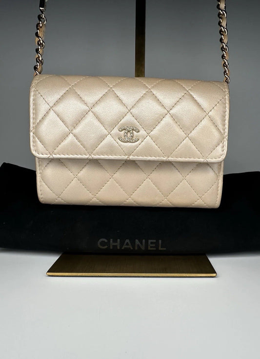 Chanel Lambskin Quilted Pearl Clutch With Chain Bag