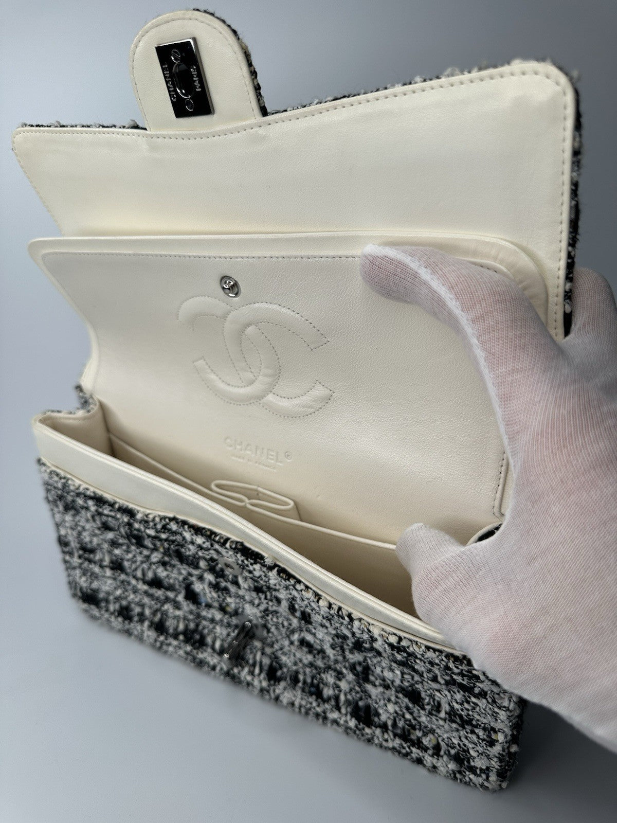 Chanel Medium Classic Double Flap Crossbody Shoulder Bag Tweed Black White