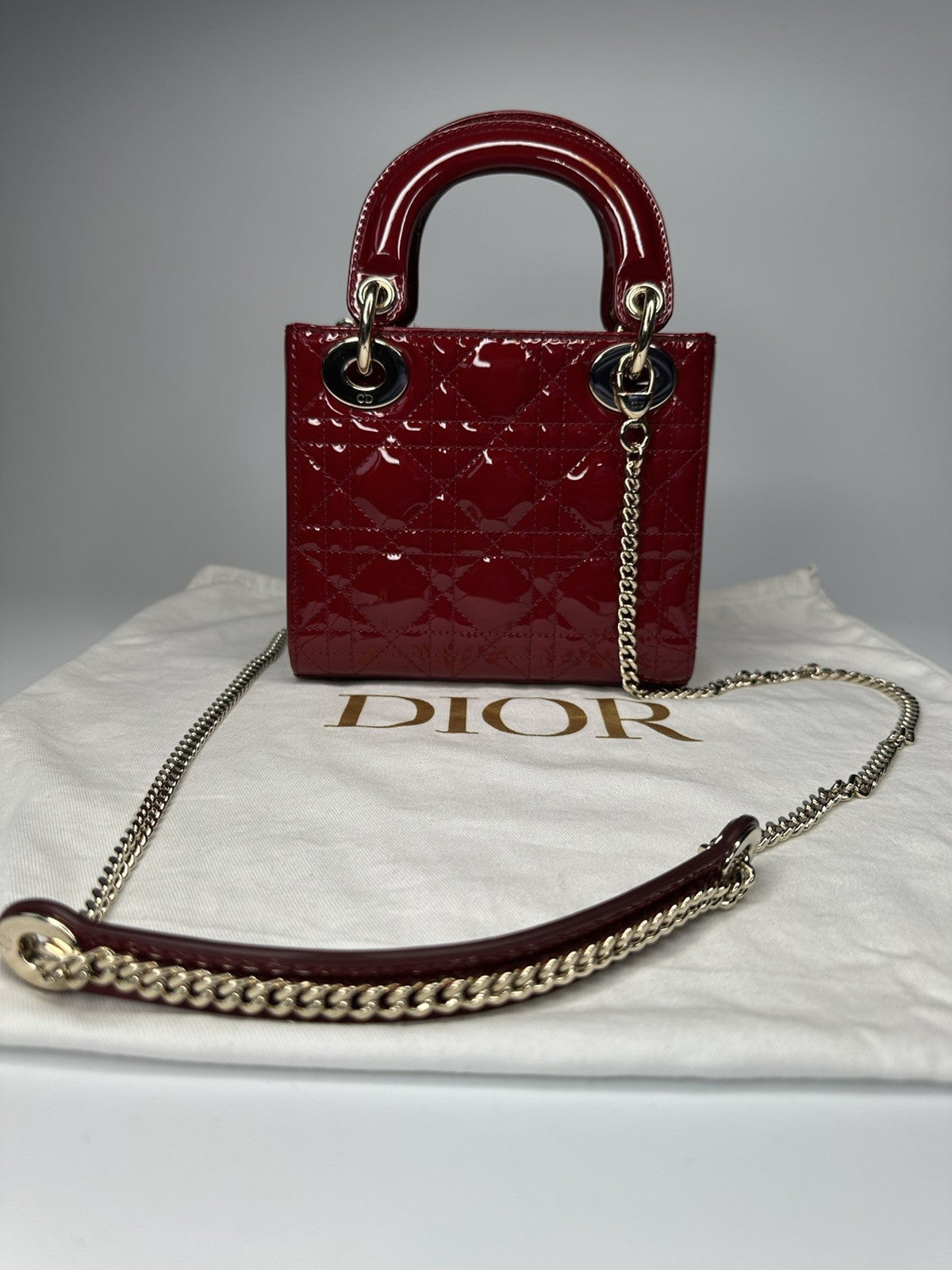 Lady Dior Mini Patent Leather Bag  Cherry Red - With Detachable Chain