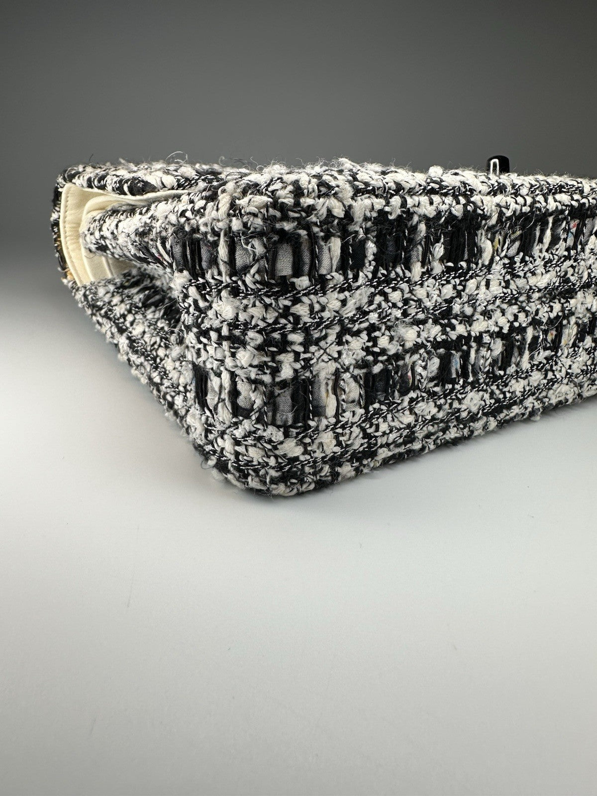 Chanel Medium Classic Double Flap Crossbody Shoulder Bag Tweed Black White