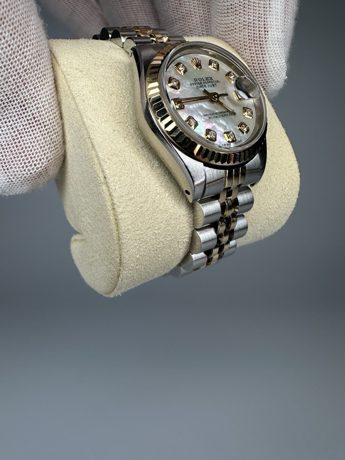 Ladies Steel & Gold Rolex Datejust White Mother Of Pearl Diamond Dial + Papers