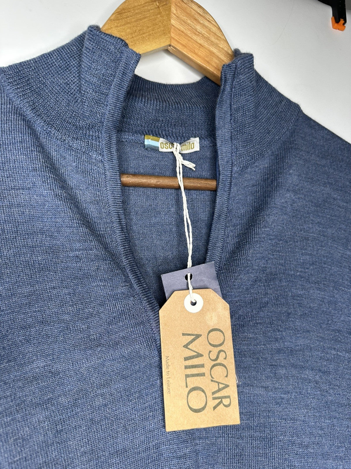 Oscar Milo Bella Yarn Large Quarter Zip Mens Blue Merino Wool