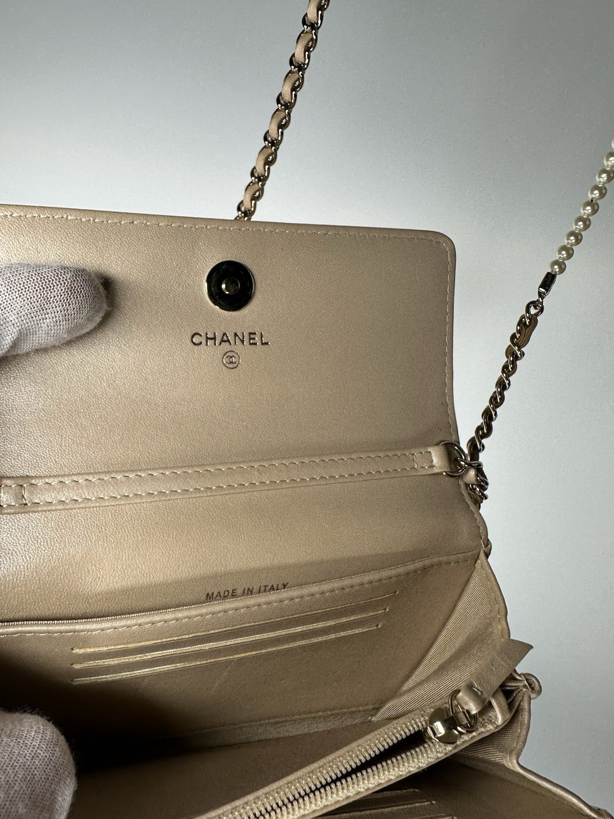 Chanel Lambskin Quilted Pearl Clutch With Chain Bag