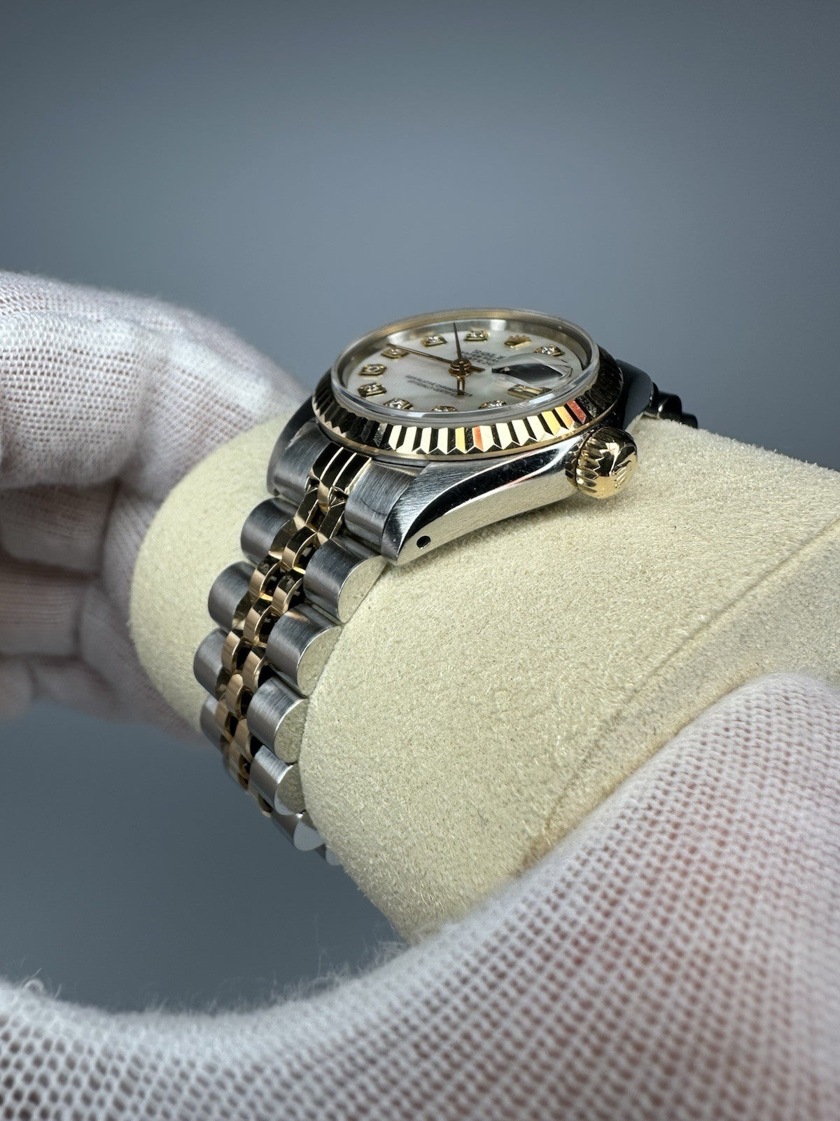 Ladies Steel & Gold Rolex Datejust White Mother Of Pearl Diamond Dial + Papers