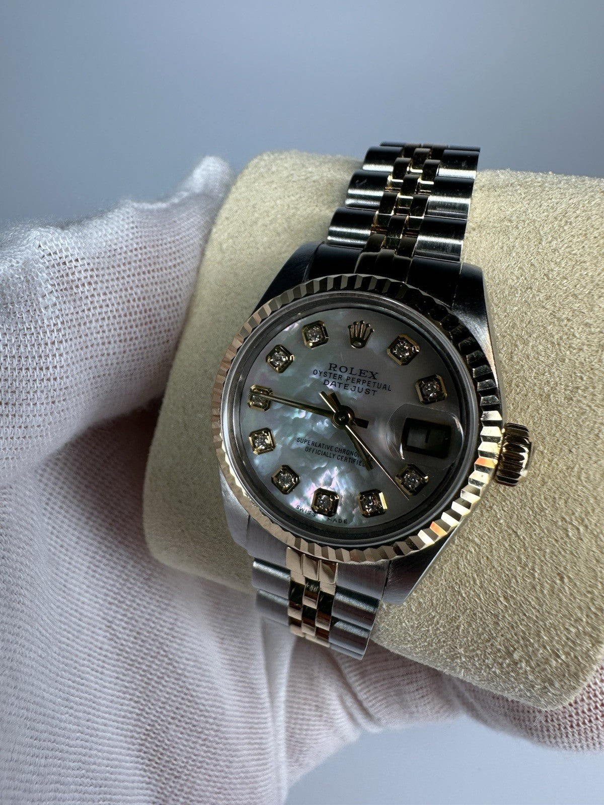 Ladies Steel & Gold Rolex Datejust White Mother Of Pearl Diamond Dial + Papers
