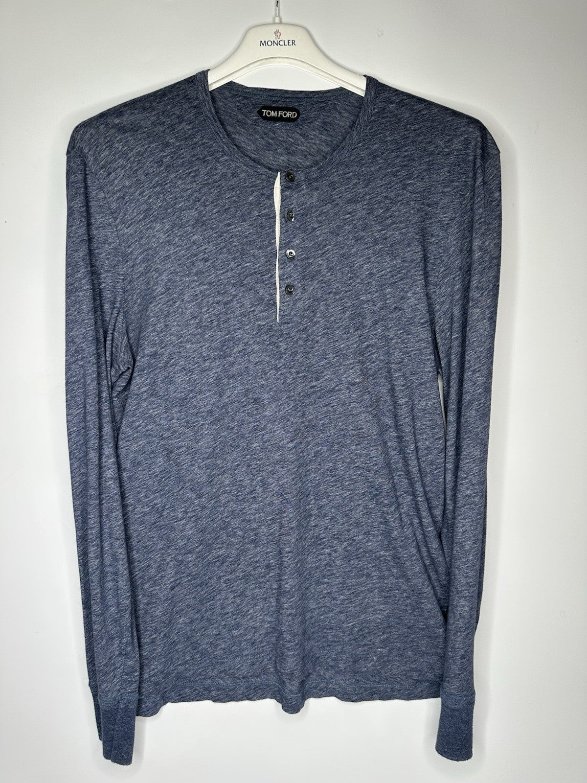 Tom Ford Henley Long Sleeve Tshirt 100% Cotton Blue Pearl Button 50 (Medium)