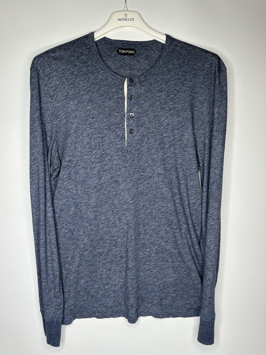 Tom Ford Henley Long Sleeve Tshirt 100% Cotton Blue Pearl Button 50 (Medium)