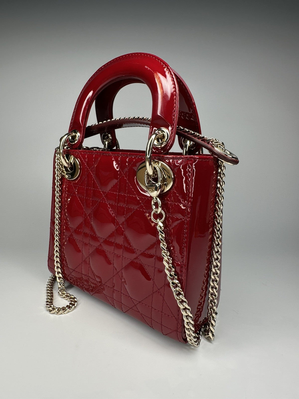 Lady Dior Mini Patent Leather Bag  Cherry Red - With Detachable Chain