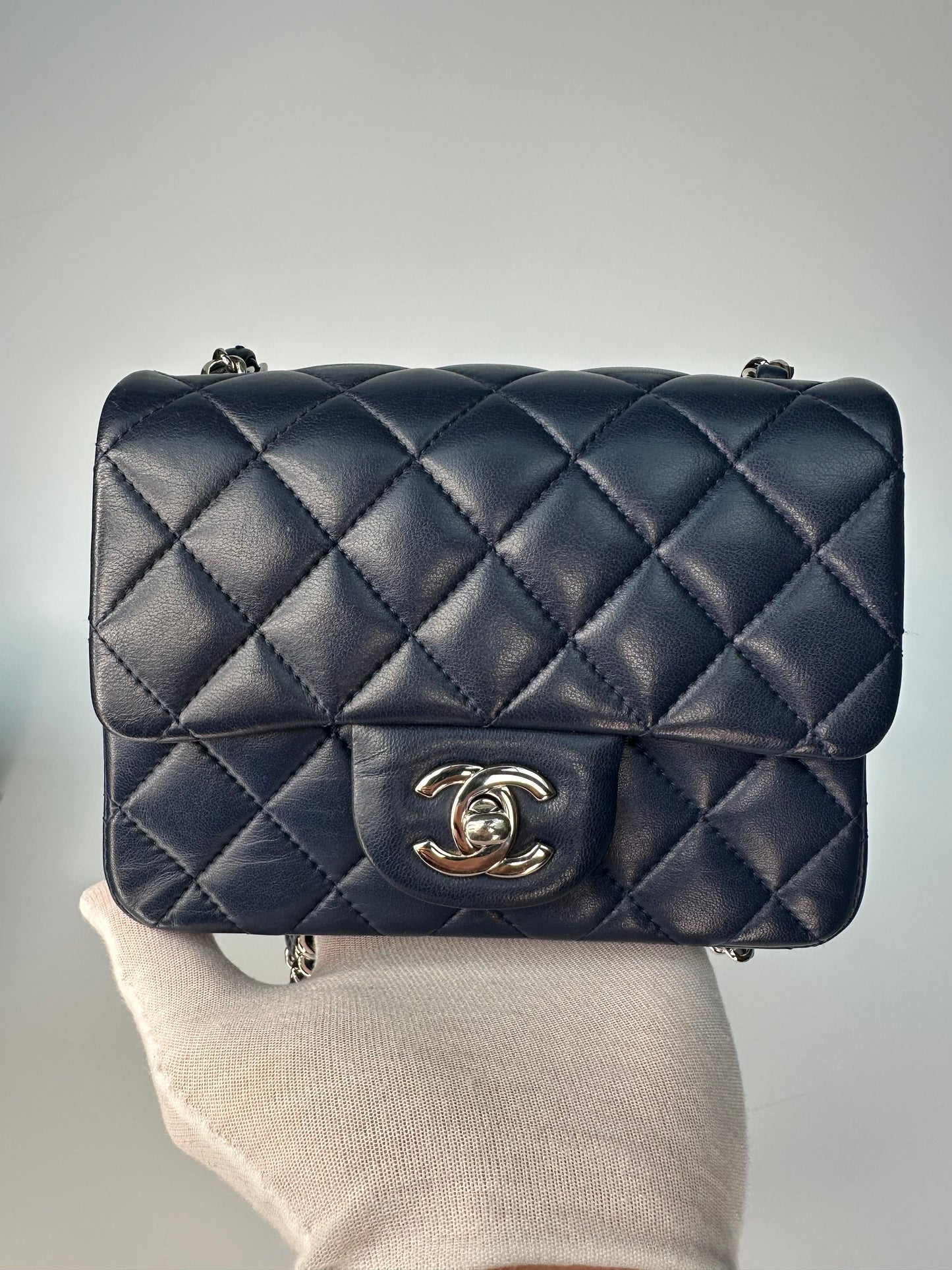 Chanel Mini Classic Square Single Flap Crossbody Lambskin Leather Navy Blue